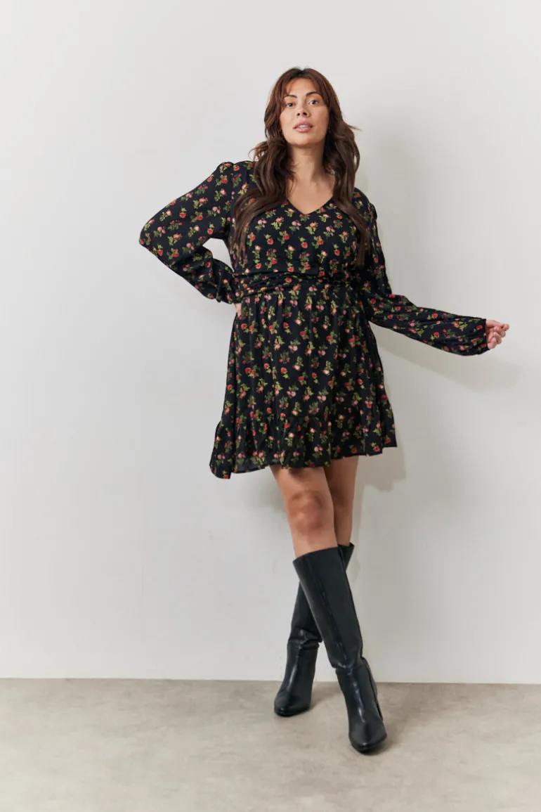 Black Rose Print Wrap Front Mini Skater Dress