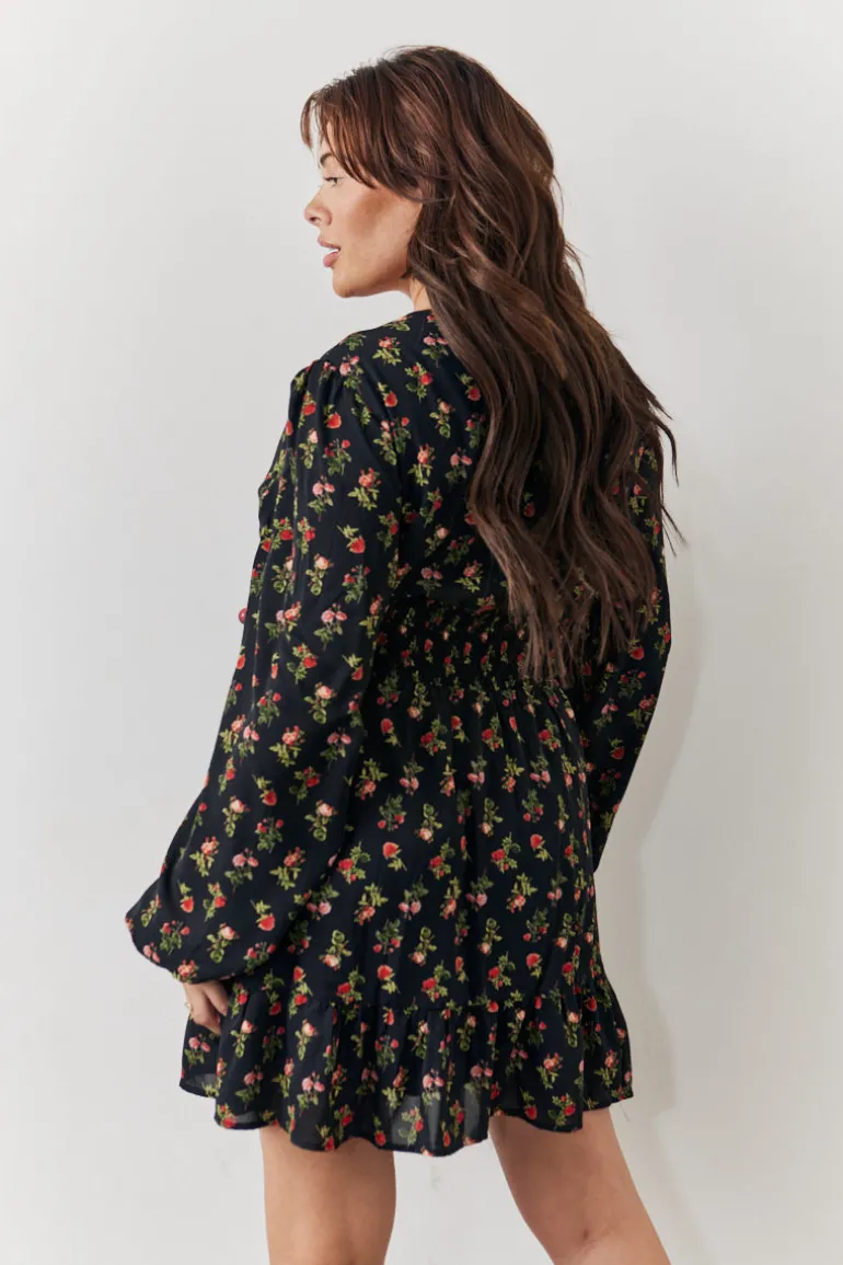 Black Rose Print Wrap Front Mini Skater Dress
