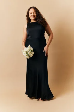 Black Satin Cowl Back Maxi Dress