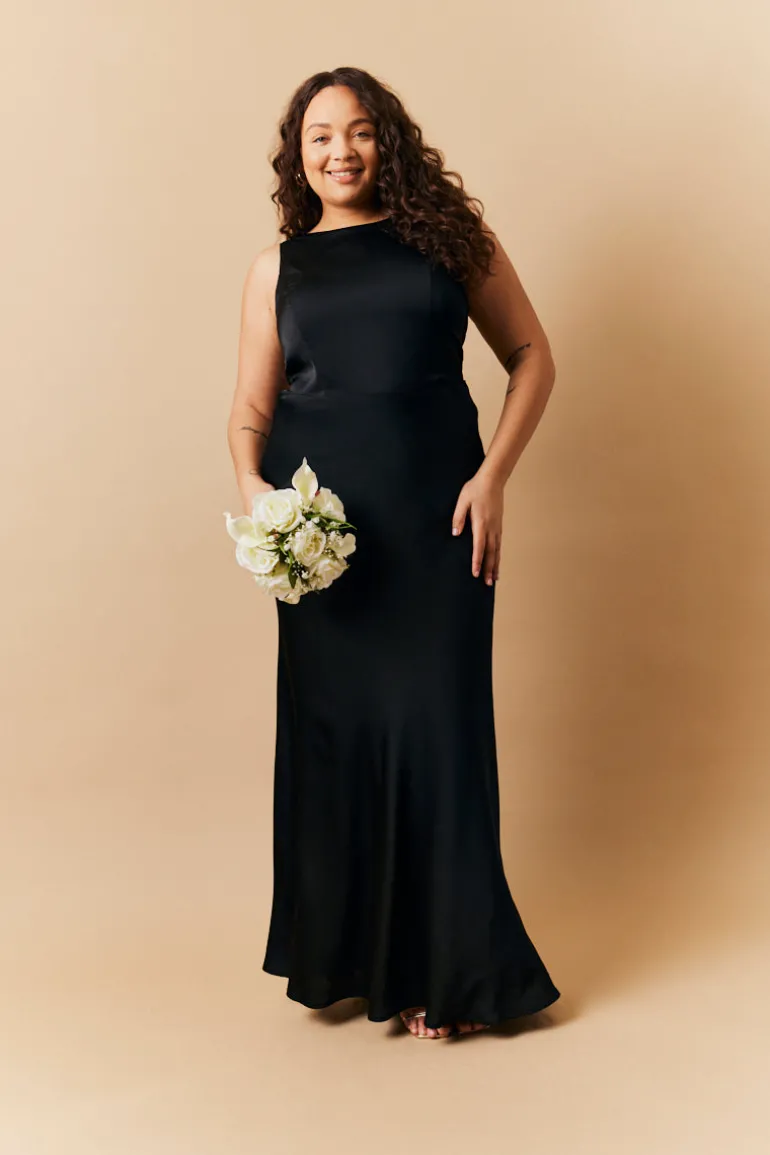 Black Satin Cowl Back Maxi Dress