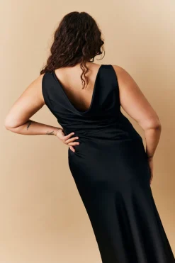 Black Satin Cowl Back Maxi Dress