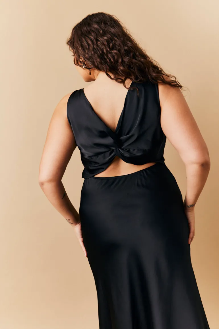 Black Satin Twist Back Maxi Dress