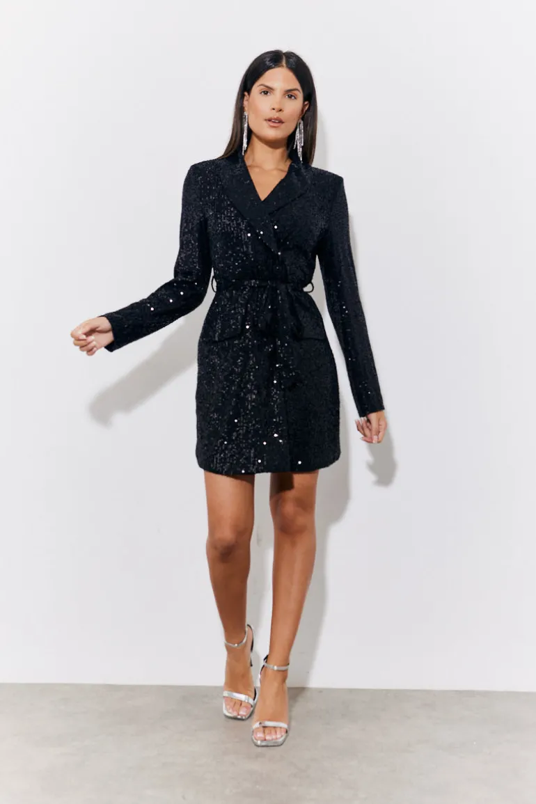Black Sequin Belted Blazer Dress
