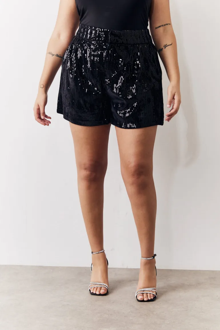 Black Sequin Boxy Shorts