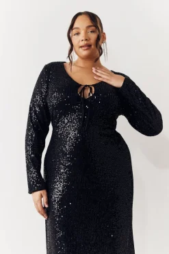 Black Sequin Long Sleeve Maxi Dress
