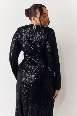 Black Sequin Long Sleeve Maxi Dress
