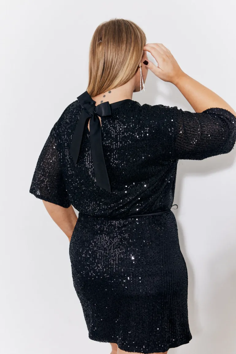 Black Sequin T-Shirt with Satin Bow Back