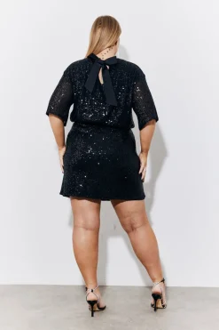 Black Sequin T-Shirt with Satin Bow Back