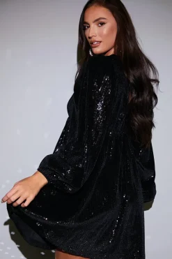 Black Sequin V Neck Smock Dress