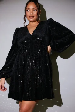 Black Sequin V Neck Smock Dress