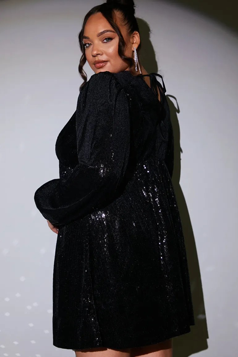 Black Sequin V Neck Smock Dress