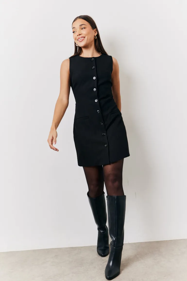 Black Tailored Button Through Mini Dress
