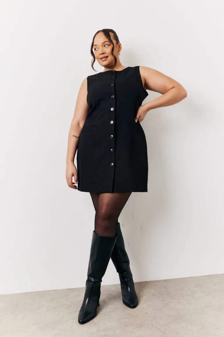 Black Tailored Button Through Mini Dress