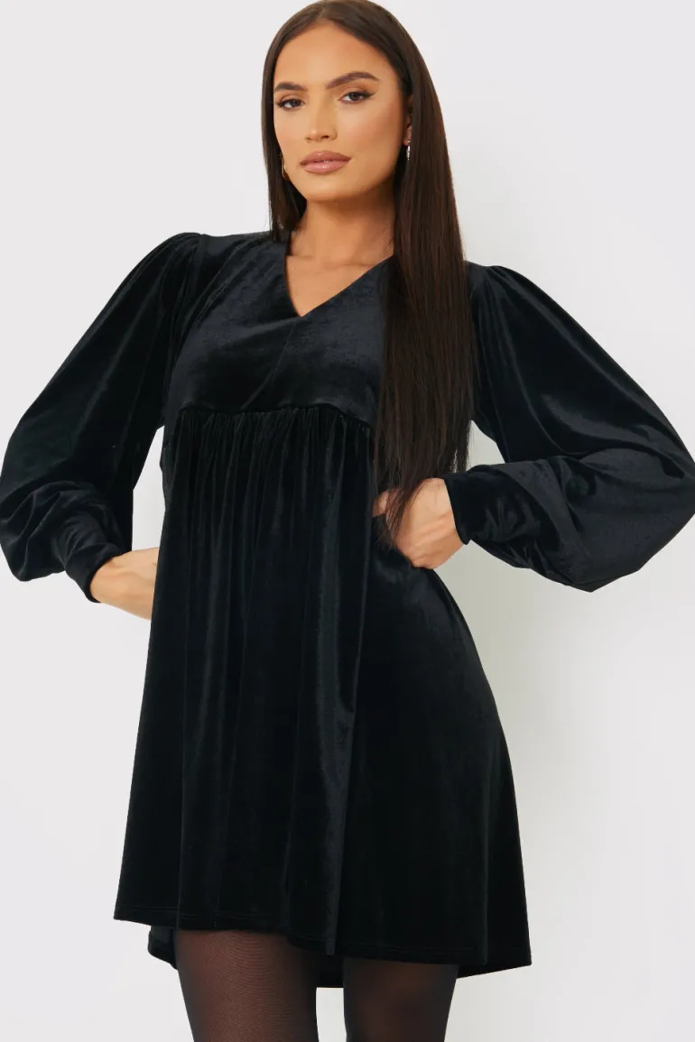 Black Velvet Smock Mini Dress