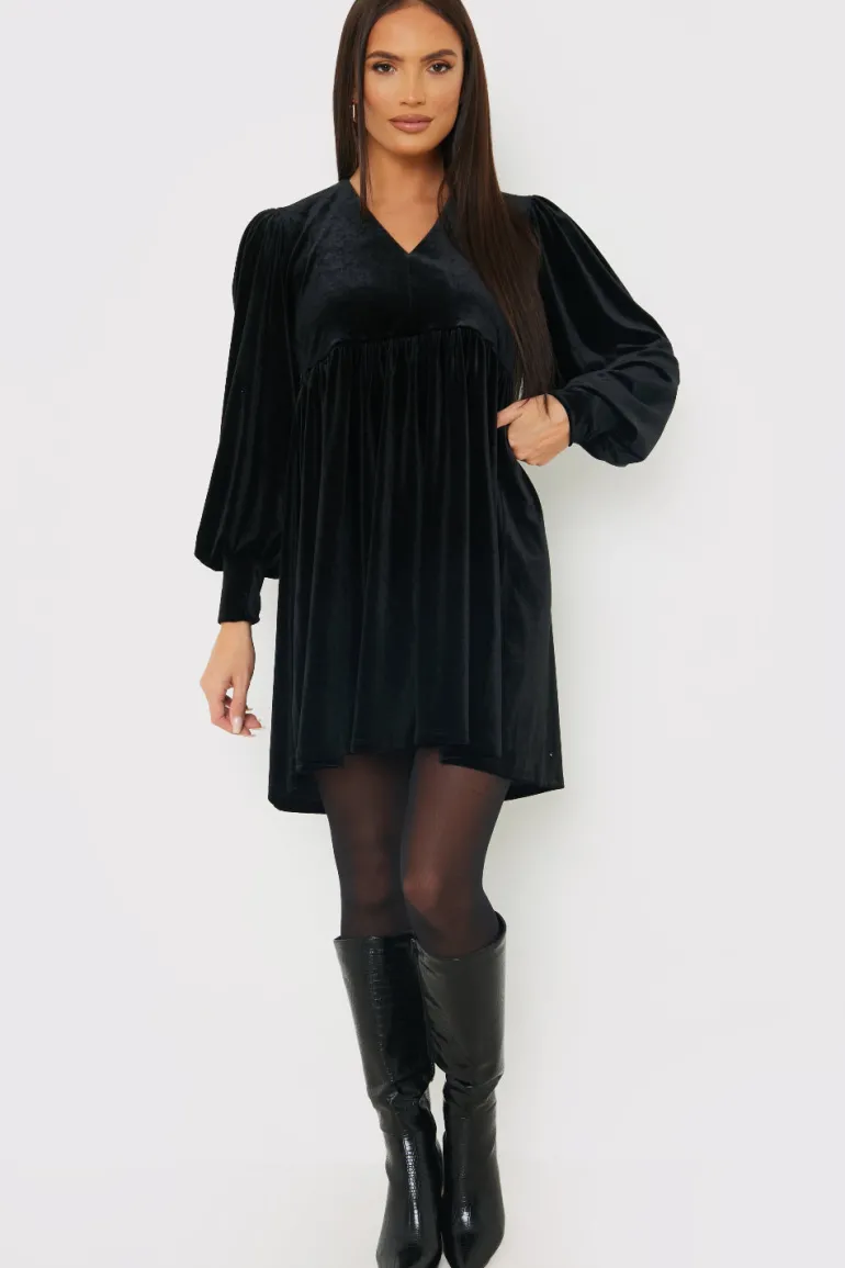 Black Velvet Smock Mini Dress