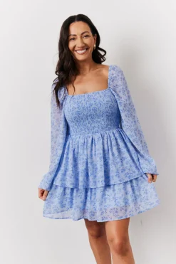 Blue Floral Print Shirred Bust Tiered Mini Dress