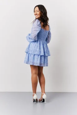Blue Floral Print Shirred Bust Tiered Mini Dress