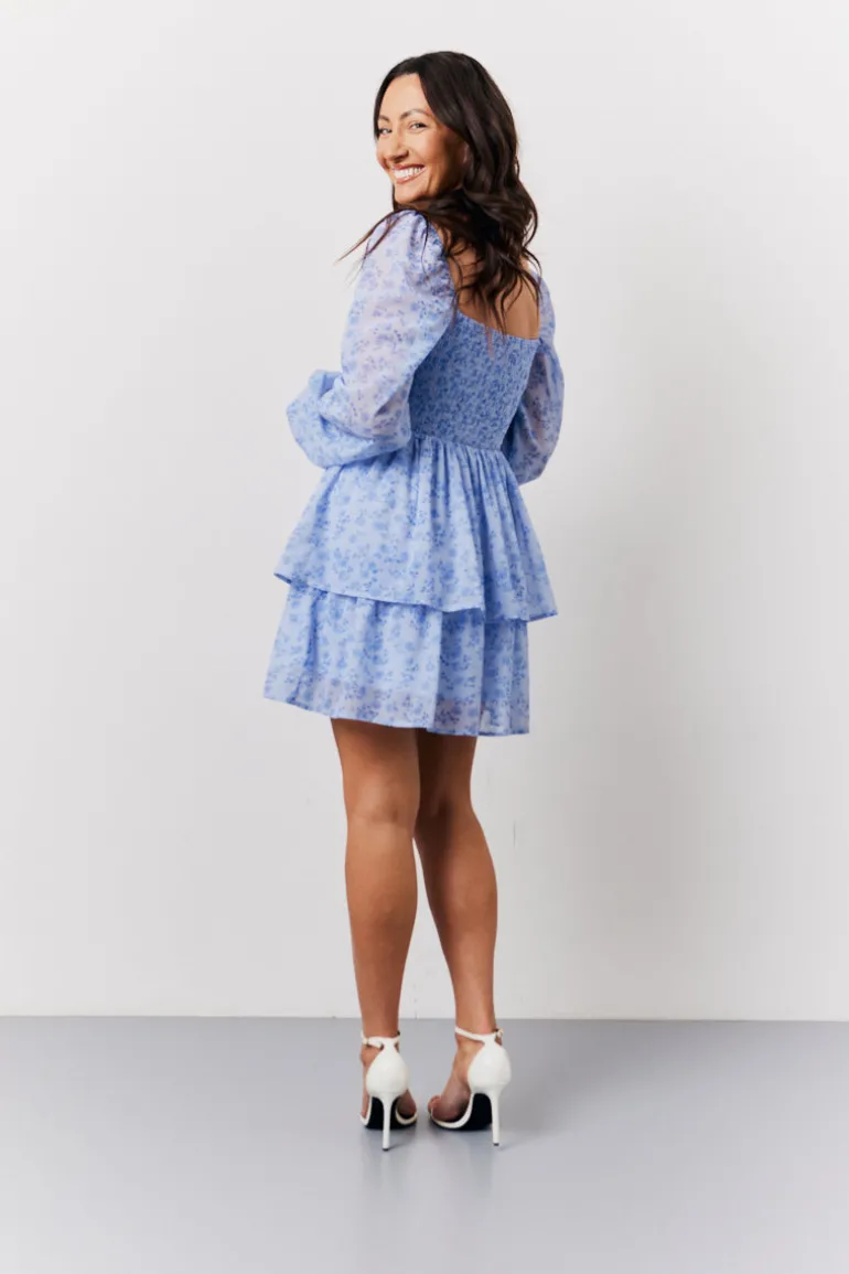 Blue Floral Print Shirred Bust Tiered Mini Dress