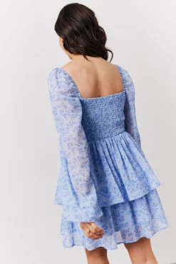 Blue Floral Print Shirred Bust Tiered Mini Dress