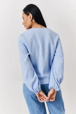 Blue Gingham Seersucker Tie Front Blouse