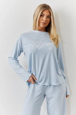 Blue Lettuce Hem Slogan Long Sleeve Top and Trouser PJ Set