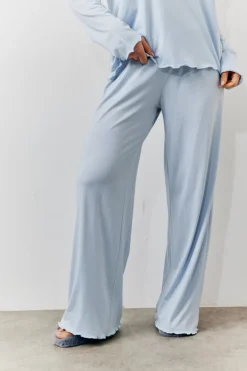 Blue Lettuce Hem Slogan Long Sleeve Top and Trouser PJ Set