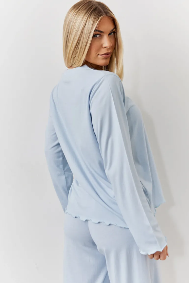 Blue Lettuce Hem Slogan Long Sleeve Top and Trouser PJ Set