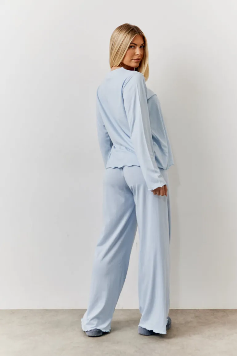 Blue Lettuce Hem Slogan Long Sleeve Top and Trouser PJ Set