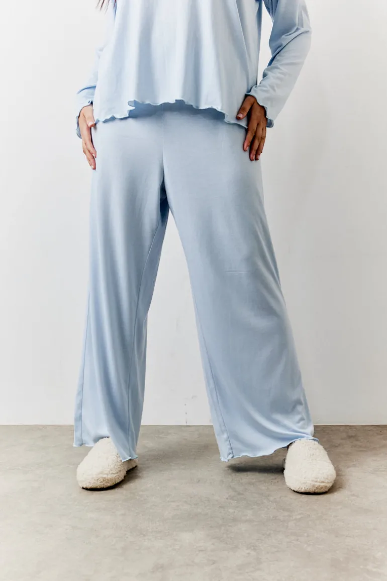Blue Lettuce Hem Slogan Long Sleeve Top and Trouser PJ Set