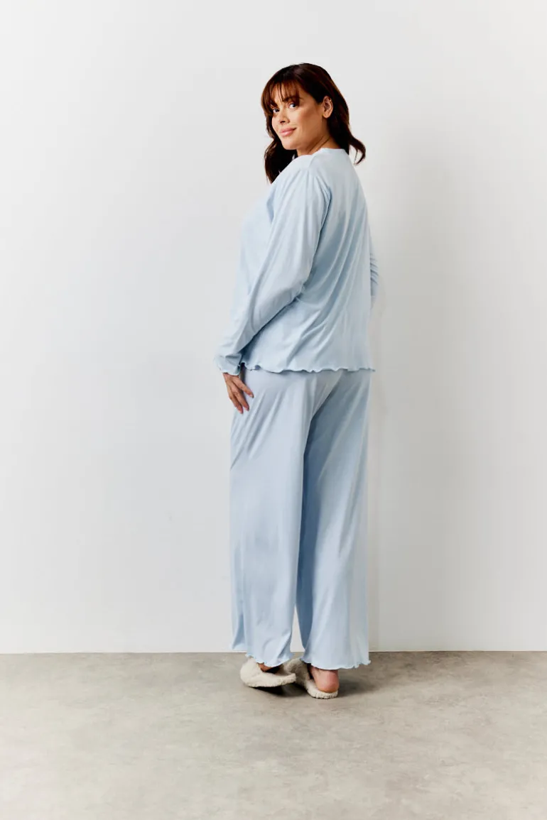 Blue Lettuce Hem Slogan Long Sleeve Top and Trouser PJ Set