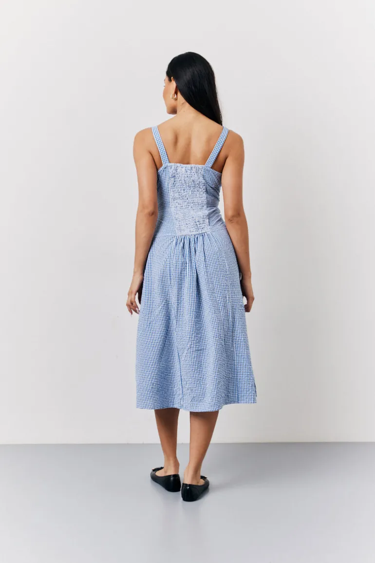 Blue Seersucker Gingham Milkmaid Midaxi Dress