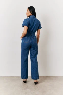 Blue Short Sleeve Denim Jumpsuit