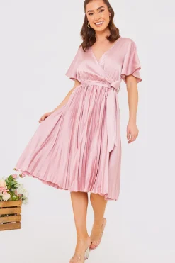 Blush Angel Sleeve Pleated Wrap Midi Dress