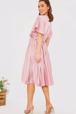 Blush Angel Sleeve Pleated Wrap Midi Dress