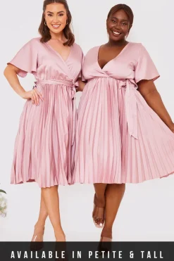 Blush Angel Sleeve Pleated Wrap Midi Dress