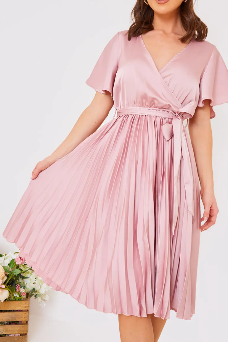 Blush Angel Sleeve Pleated Wrap Midi Dress
