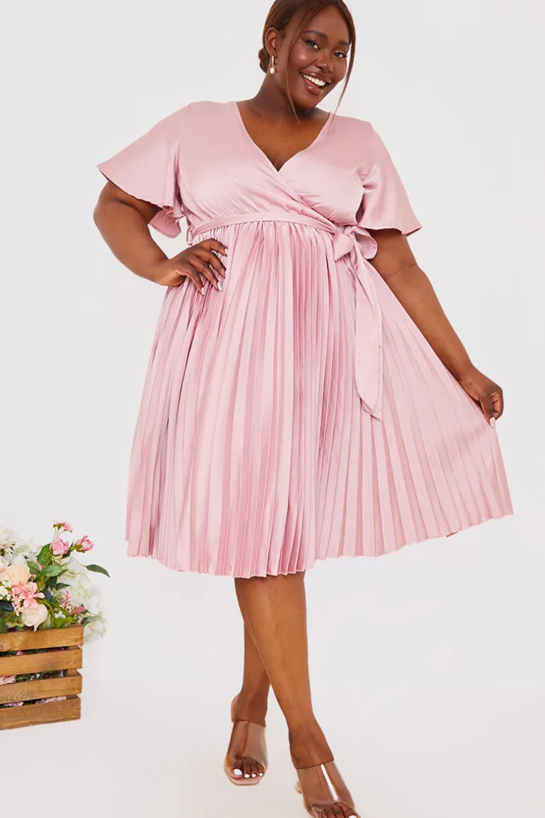 Blush Angel Sleeve Pleated Wrap Midi Dress