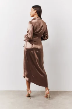 Bronze Liquid Satin Wrap Midaxi Dress