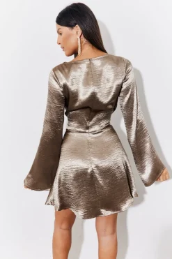 Bronze Mini Flare Sleeve Satin Dress