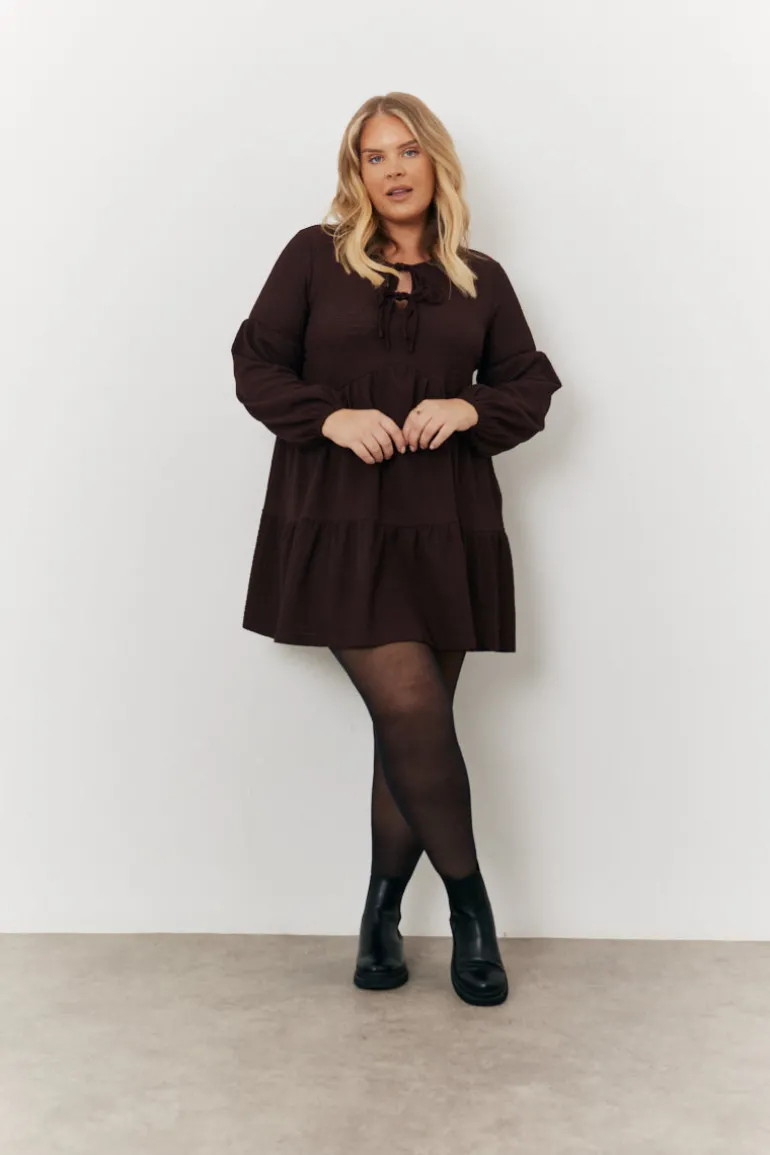 Brown Textured Tie Front Detail Smock Dress