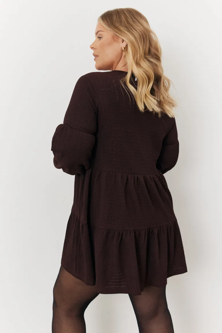 Brown Textured Tie Front Detail Smock Dress