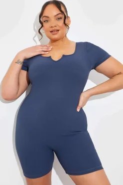 Built-In Bra Notched Neck Short Sleeve Sculpt and Control Short Unitard