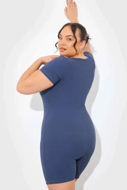 Built-In Bra Notched Neck Short Sleeve Sculpt and Control Short Unitard