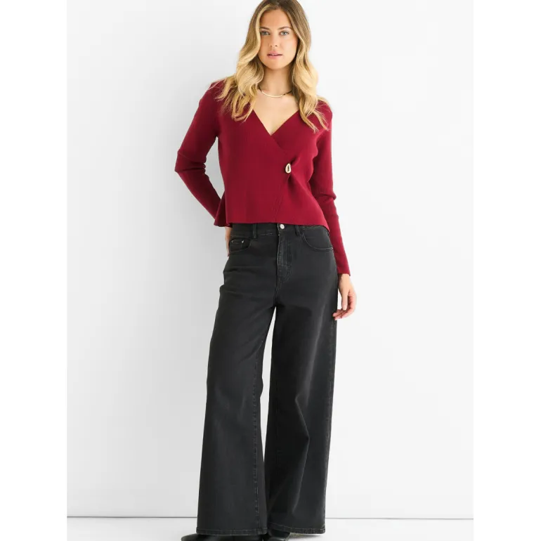 Burgundy Button Wrap Compact Knit Cardigan