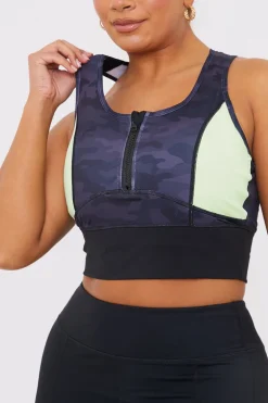 Camo Contrast Zip Crop Top