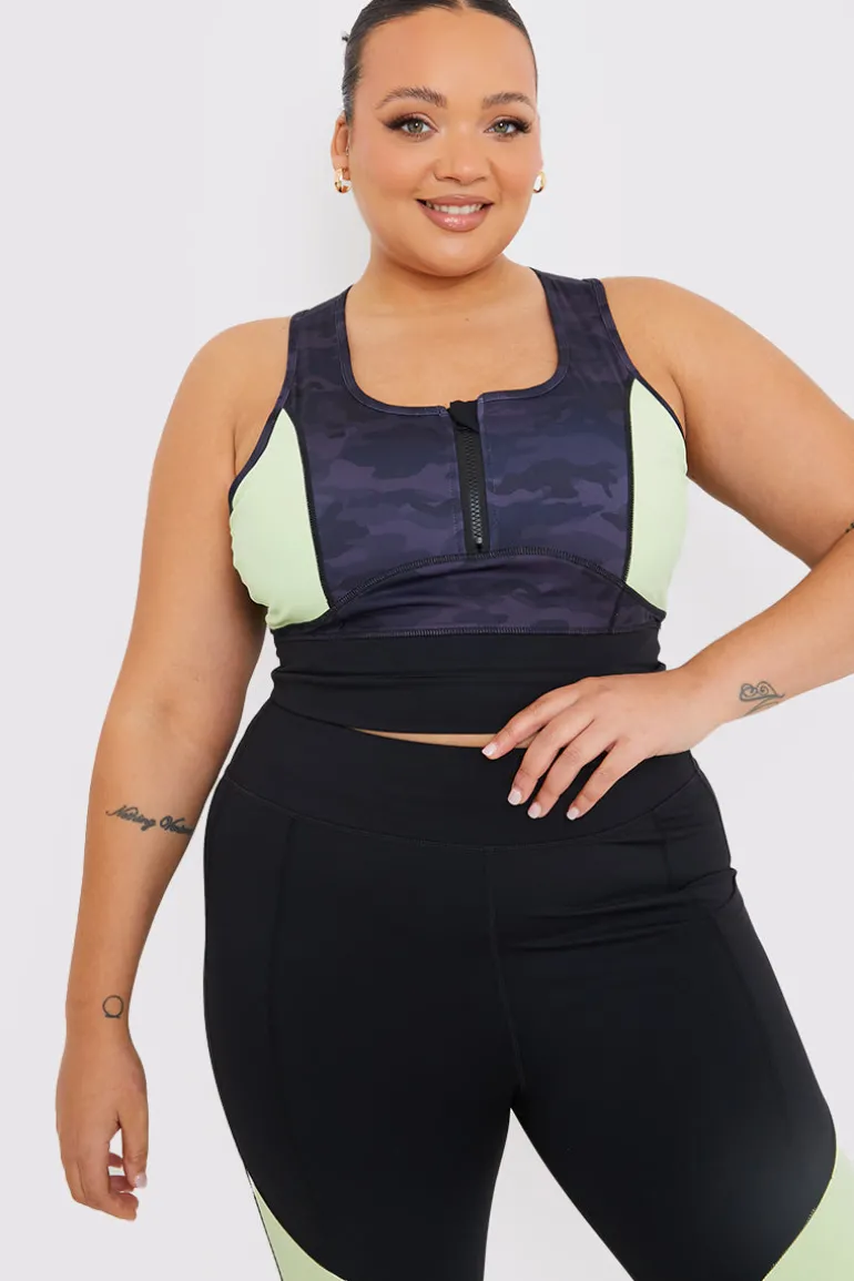 Camo Contrast Zip Crop Top
