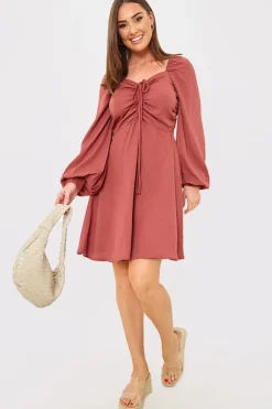 Channel Front Ruched Balloon Sleeve Shift Dress