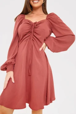 Channel Front Ruched Balloon Sleeve Shift Dress