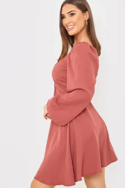 Channel Front Ruched Balloon Sleeve Shift Dress