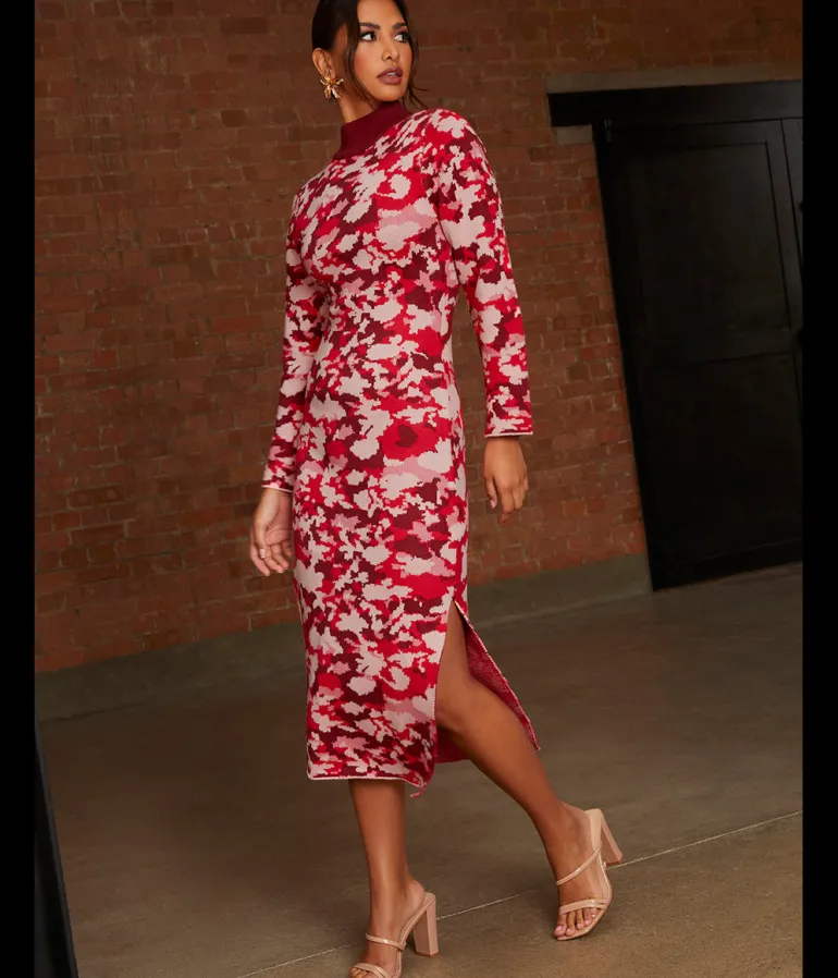 Chi Chi London Abstract Floral Knitted Midi Dress in Pink